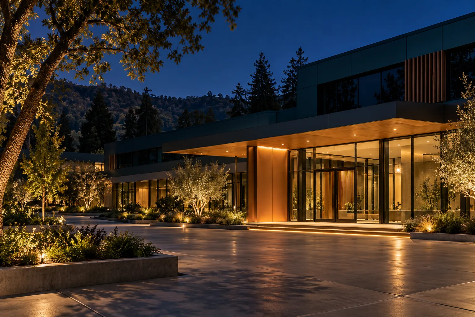 Commercial building at night in Palo Alto