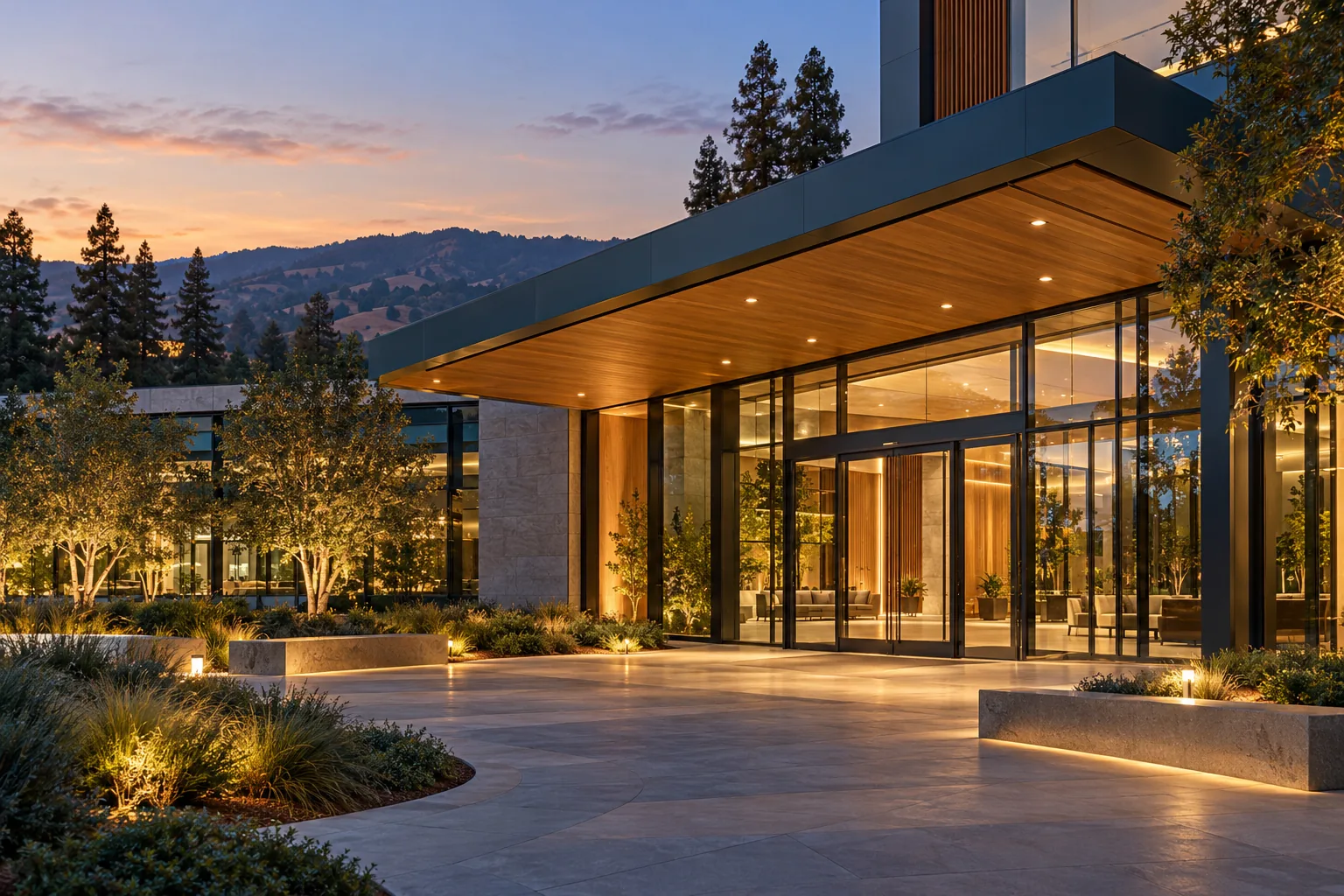 Well-lit commercial entrance at dusk in Palo Alto
