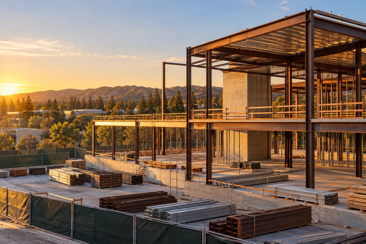 Commercial construction site at golden hour in Palo Alto