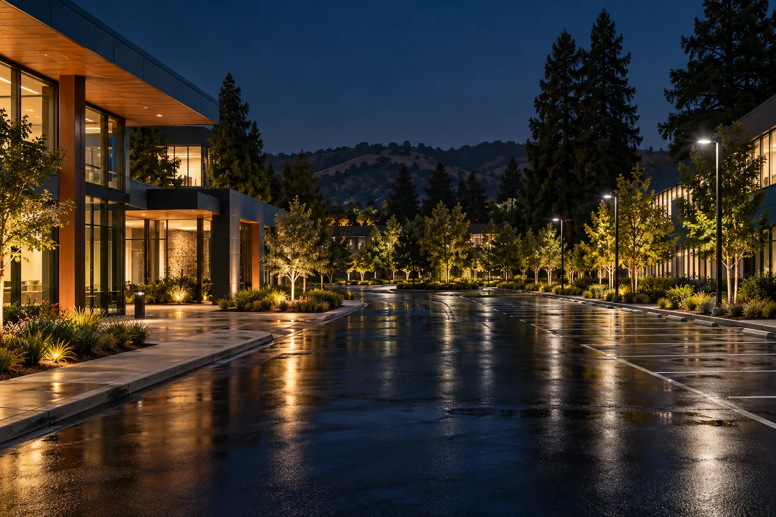 Business park at night under lights in Palo Alto