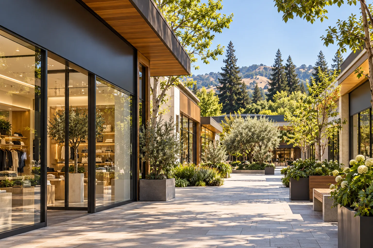 Open-air shopping center walkway in Palo Alto