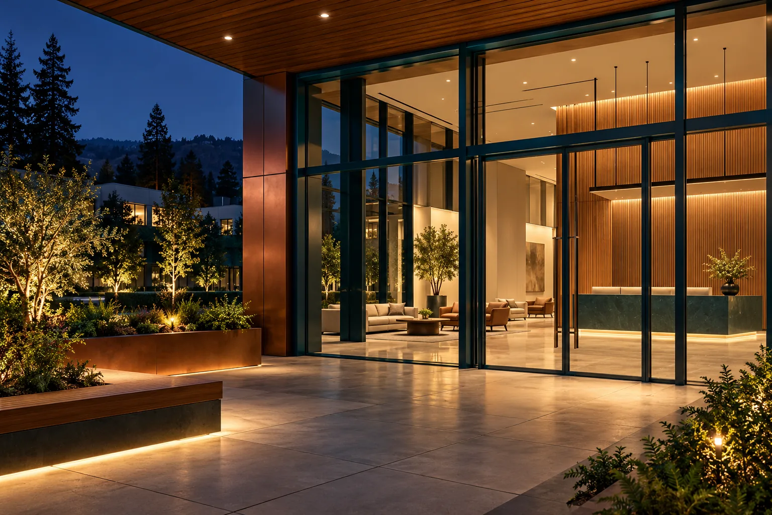 Building lobby glowing at night in Palo Alto