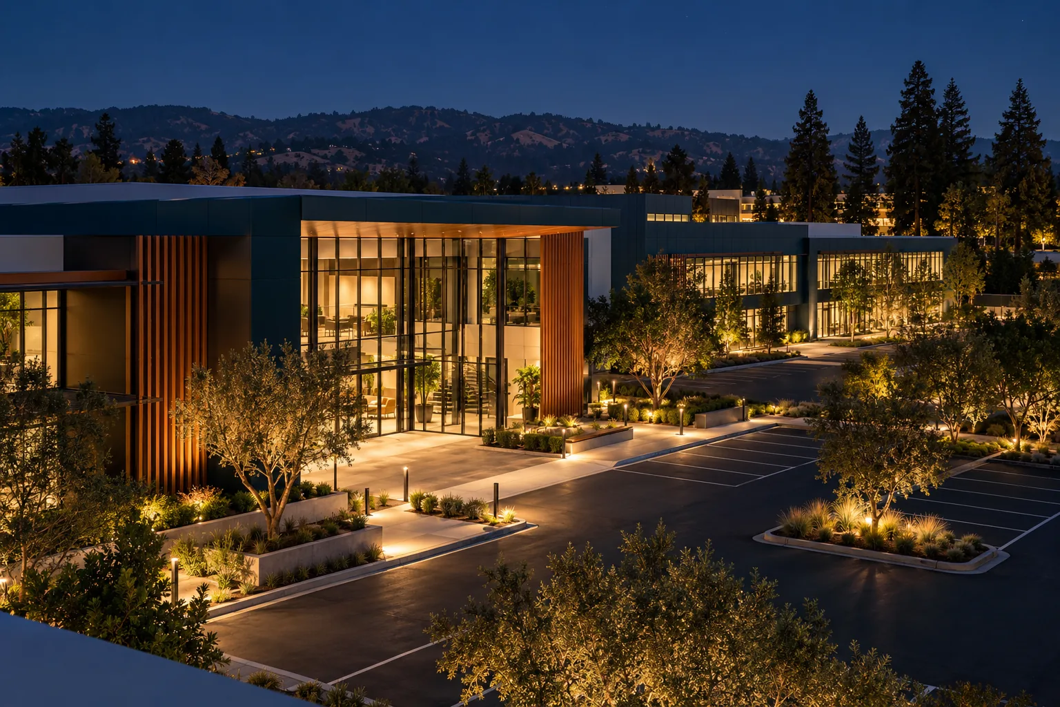 Commercial property at night from above in Palo Alto